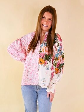 Mixed Floral Patchwork Pink Plus Blouse